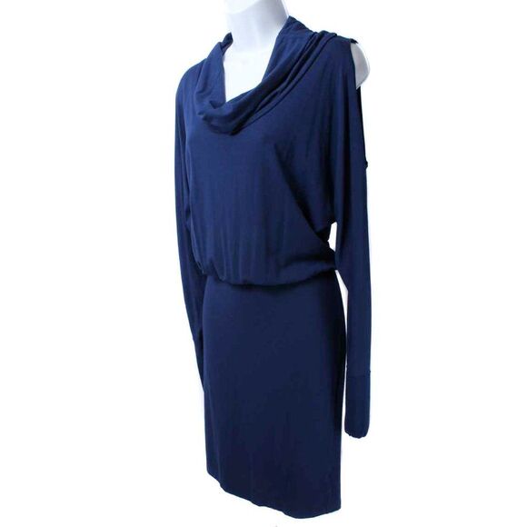 ECOSKIN Blue Cowl Neck Cold Shoulder Keyhole Back Blouson Dress Size Small - Picture 2 of 4